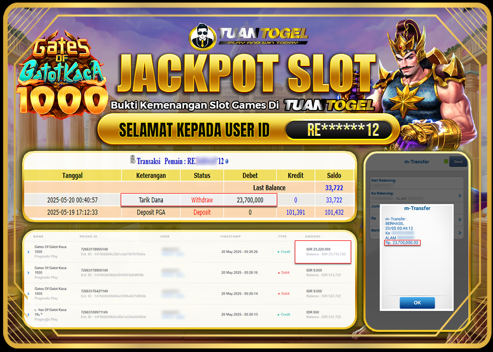 TUANTOGEL JACKPOT SLOT GATES OF GATOT KACA 1000 Rp23.700.000 - LUNAS